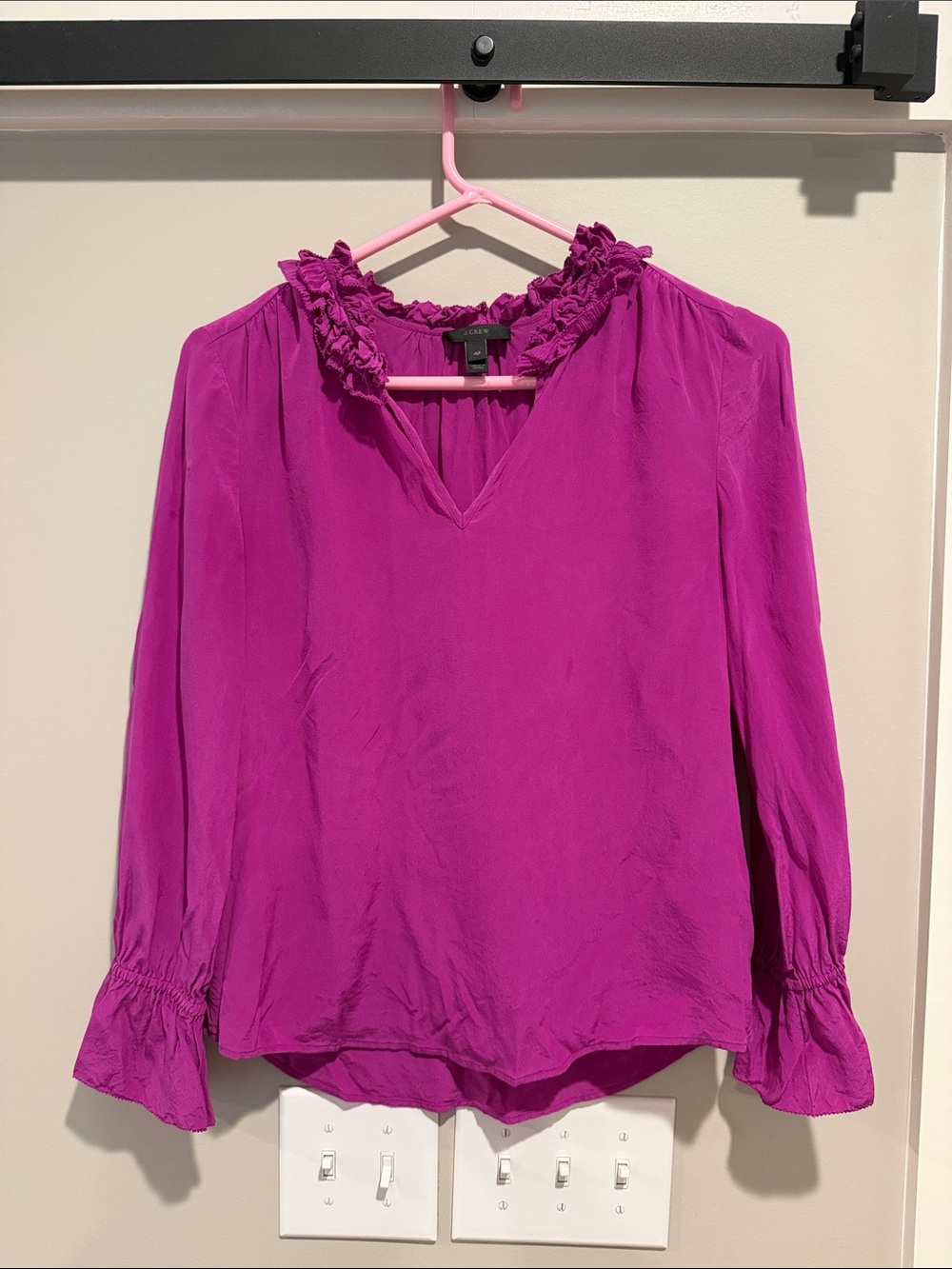 J. Crew Fuchsia Ruffle-Neck Long-Sleeve Blouse
